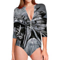 Monochrome Native Indian Portrait Print Long Sleeve Swimsuit