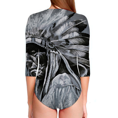 Monochrome Native Indian Portrait Print Long Sleeve Swimsuit