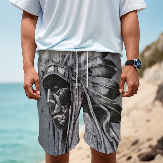 Monochrome Native Indian Portrait Print Men's Cargo Shorts