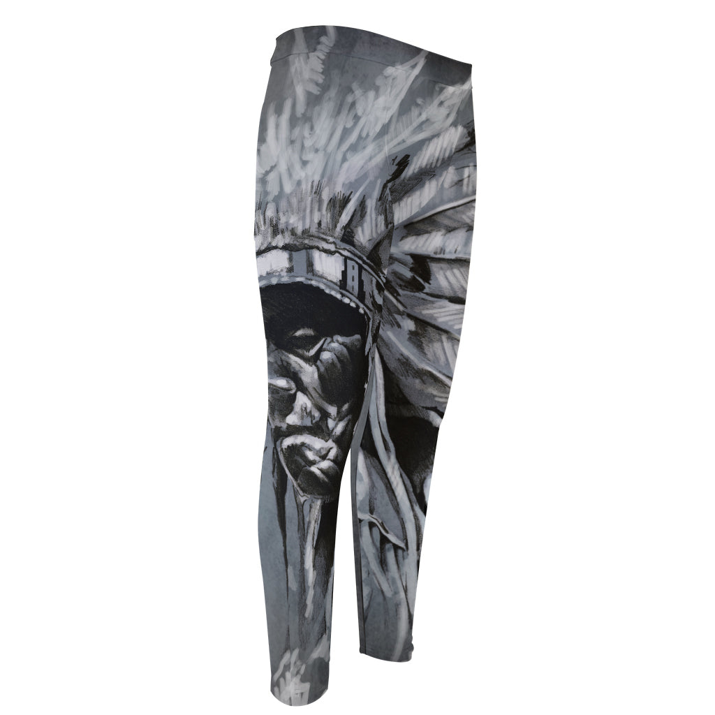 Monochrome Native Indian Portrait Print Men's Compression Pants