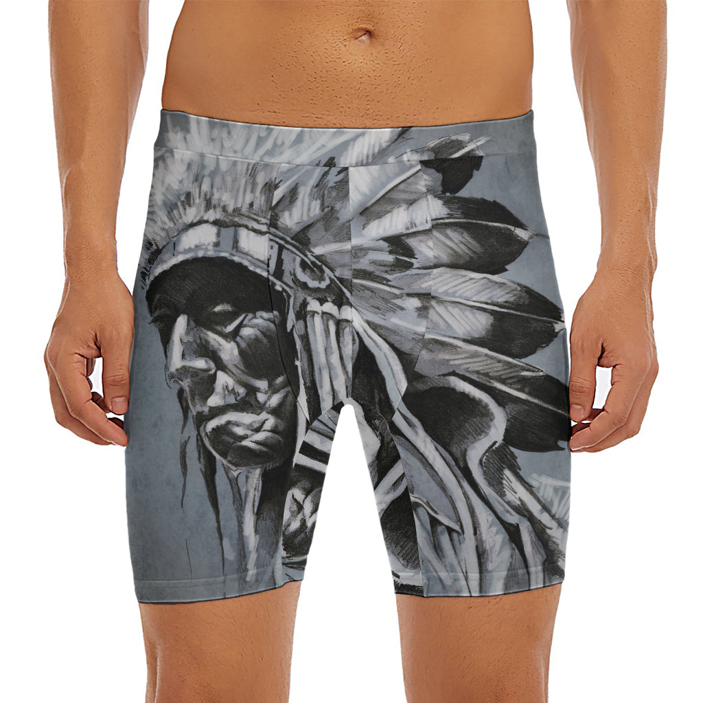 Monochrome Native Indian Portrait Print Men's Long Boxer Briefs
