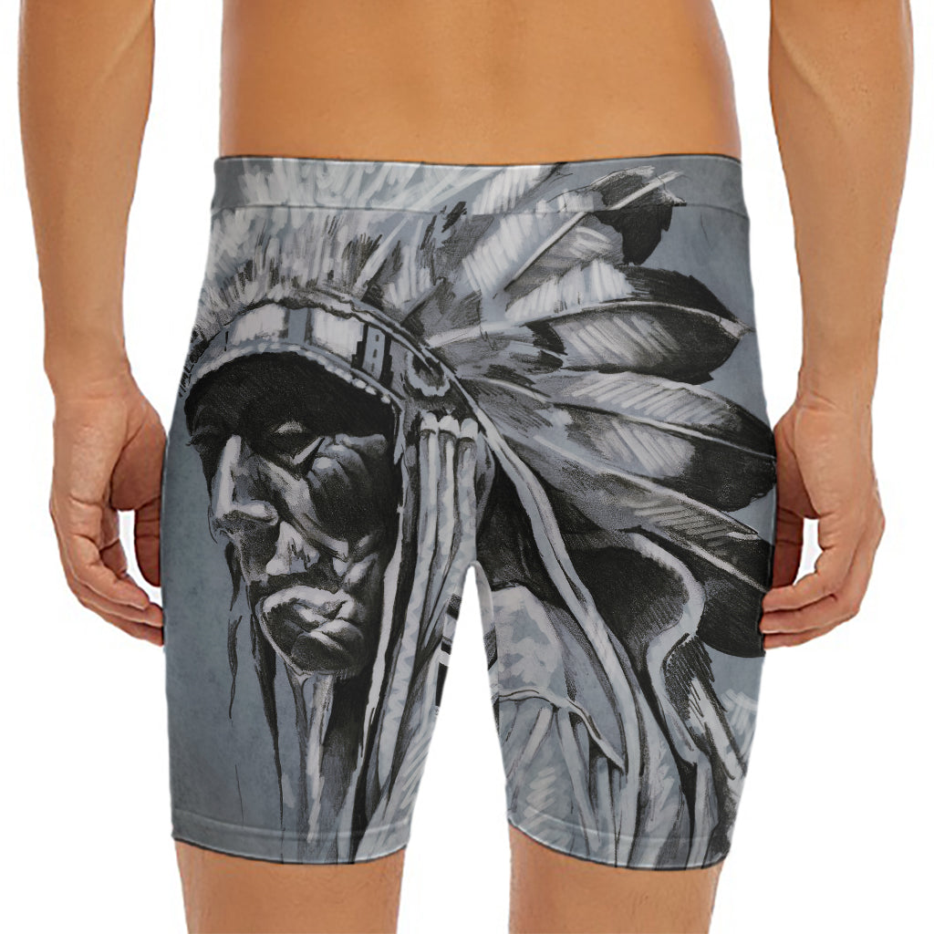 Monochrome Native Indian Portrait Print Men's Long Boxer Briefs