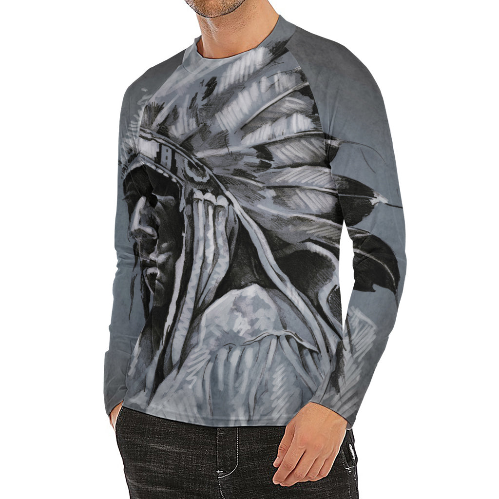 Monochrome Native Indian Portrait Print Men's Long Sleeve Rash Guard