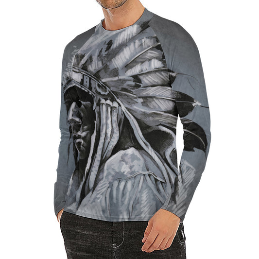 Monochrome Native Indian Portrait Print Men's Long Sleeve Rash Guard