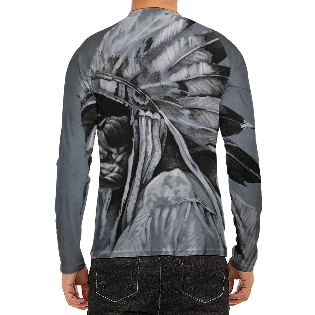 Monochrome Native Indian Portrait Print Men's Long Sleeve Rash Guard