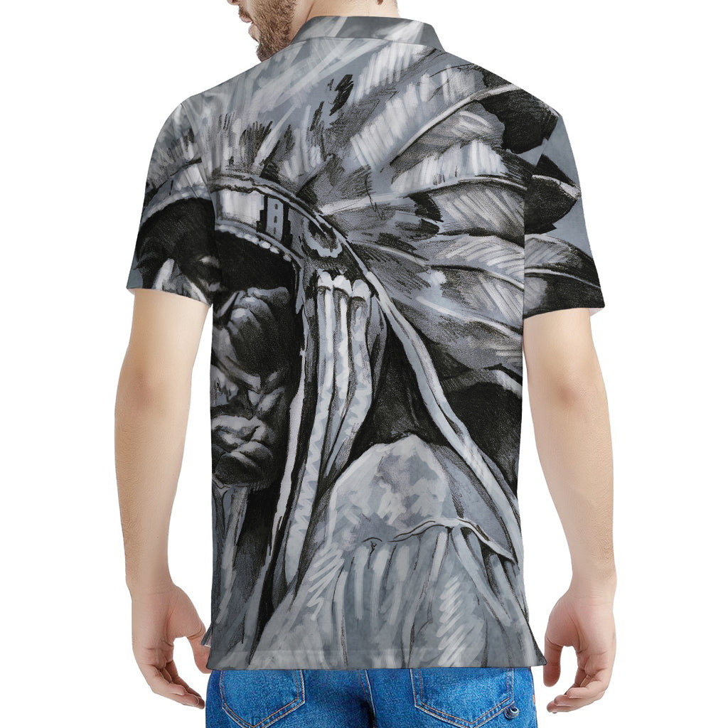 Monochrome Native Indian Portrait Print Men's Polo Shirt
