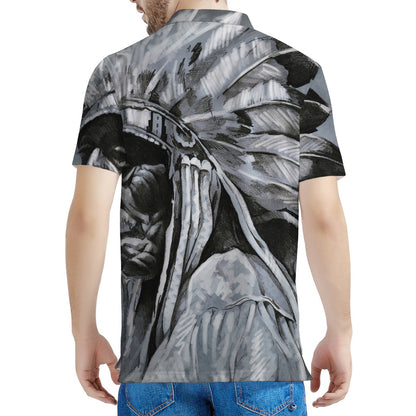 Monochrome Native Indian Portrait Print Men's Polo Shirt