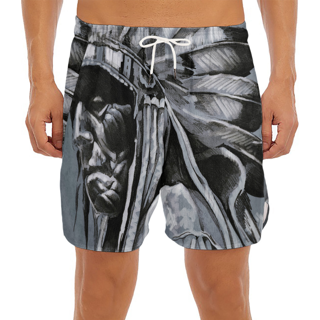 Monochrome Native Indian Portrait Print Men's Split Running Shorts