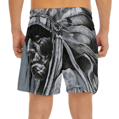 Monochrome Native Indian Portrait Print Men's Split Running Shorts