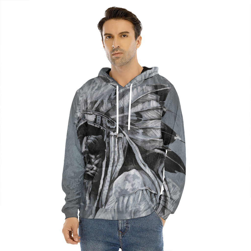Monochrome Native Indian Portrait Print Men's Velvet Pullover Hoodie