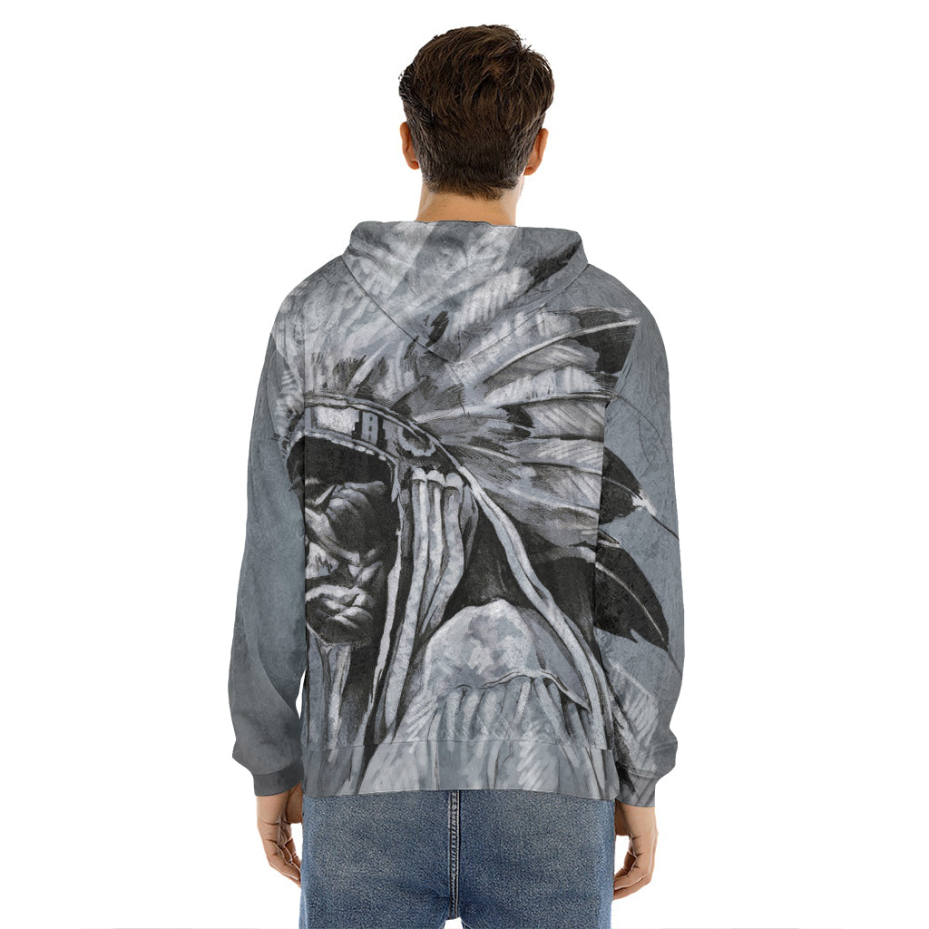 Monochrome Native Indian Portrait Print Men's Velvet Pullover Hoodie