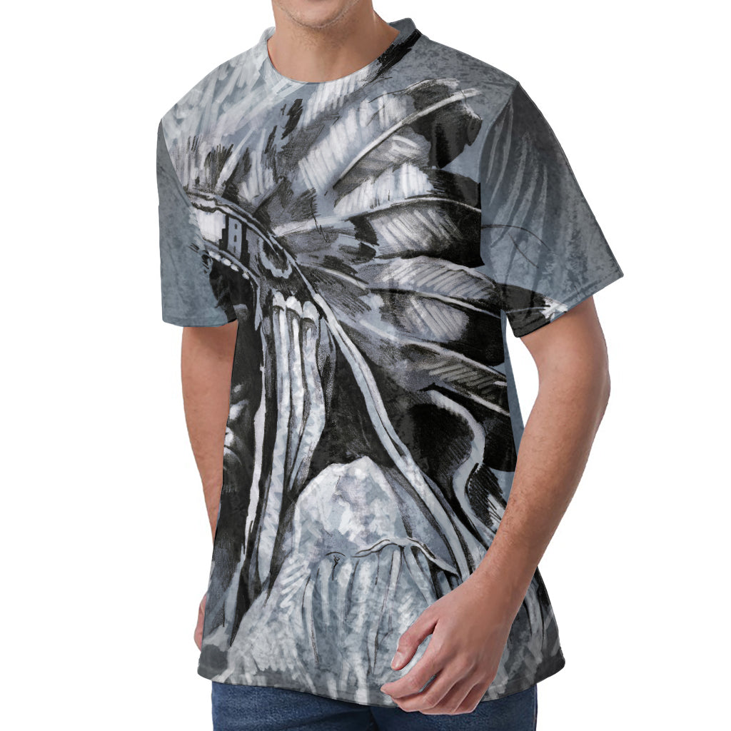 Monochrome Native Indian Portrait Print Men's Velvet T-Shirt