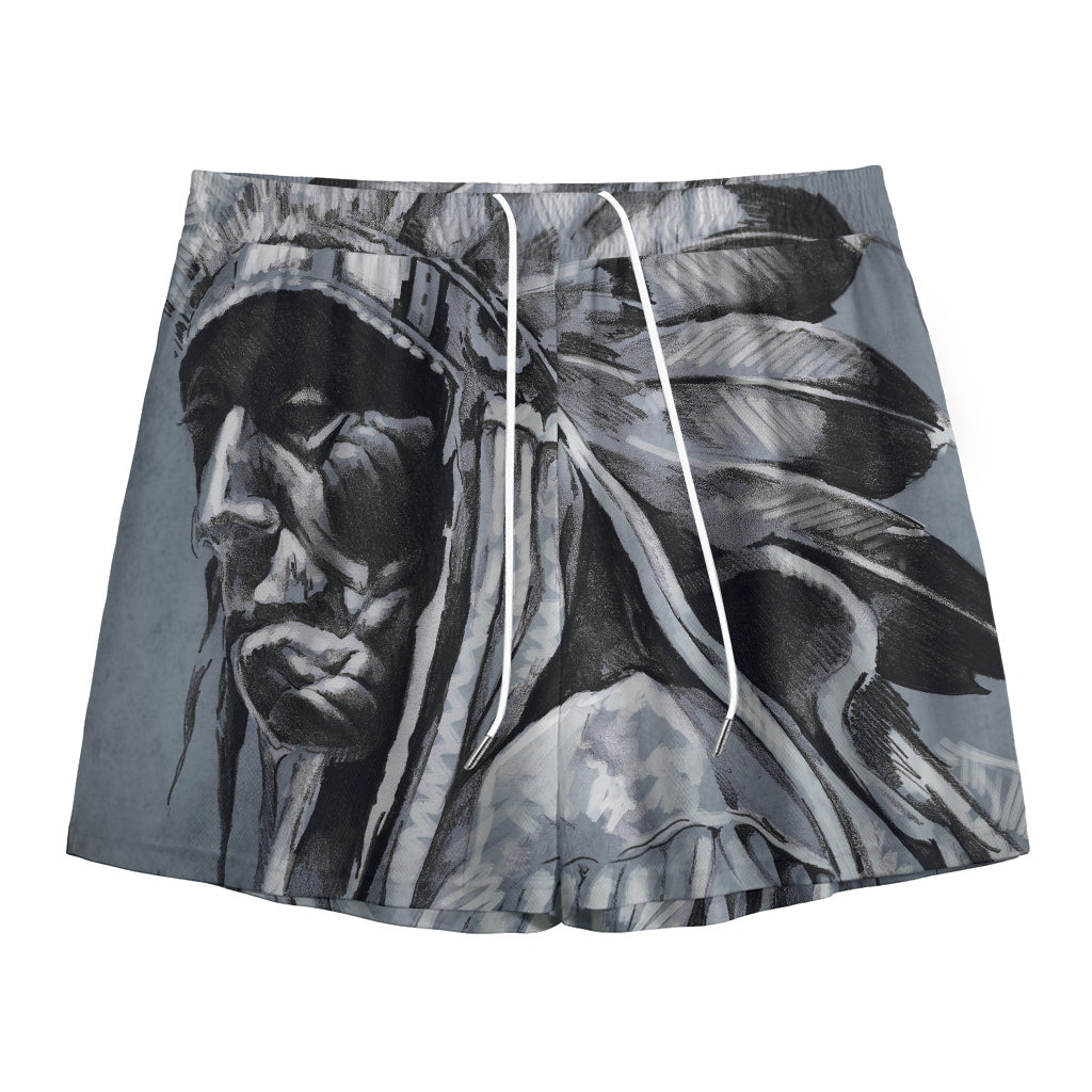 Monochrome Native Indian Portrait Print Mesh Shorts