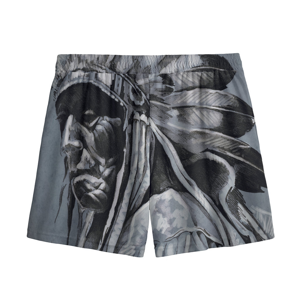 Monochrome Native Indian Portrait Print Mesh Shorts