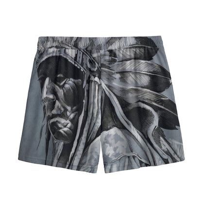 Monochrome Native Indian Portrait Print Mesh Shorts