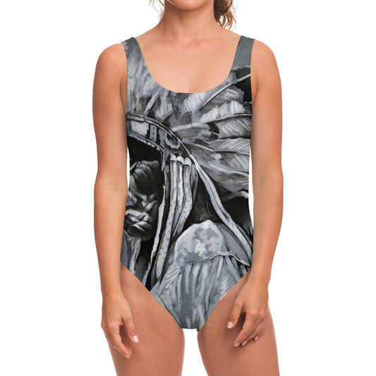Monochrome Native Indian Portrait Print One Piece Swimsuit