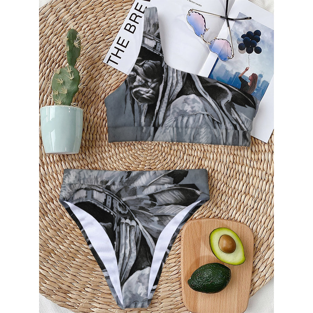 Monochrome Native Indian Portrait Print One Shoulder Bikini Top