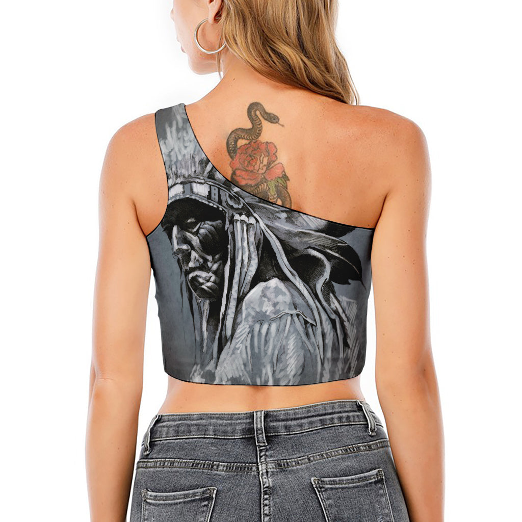Monochrome Native Indian Portrait Print One Shoulder Crop Top