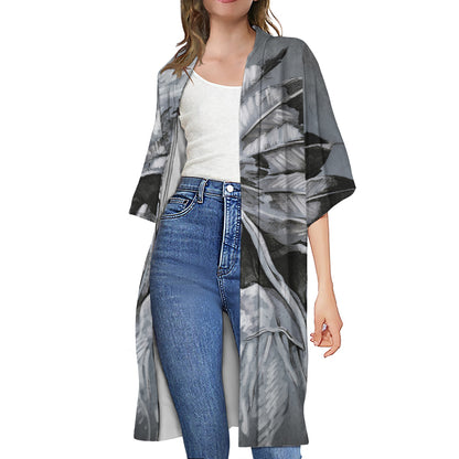 Monochrome Native Indian Portrait Print Open Front Beach Cover Up