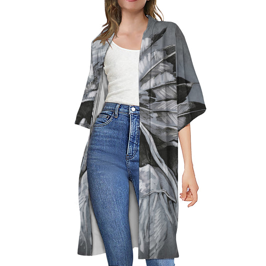 Monochrome Native Indian Portrait Print Open Front Beach Cover Up