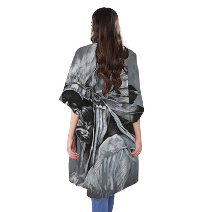 Monochrome Native Indian Portrait Print Open Front Beach Cover Up