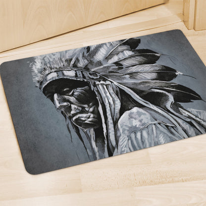 Monochrome Native Indian Portrait Print Polyester Doormat