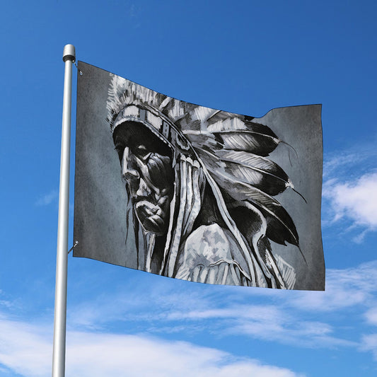 Monochrome Native Indian Portrait Print Polyester Flag