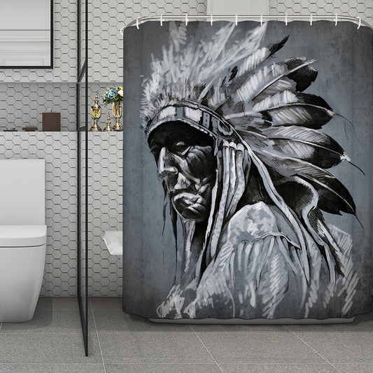 Monochrome Native Indian Portrait Print Polyester Shower Curtain