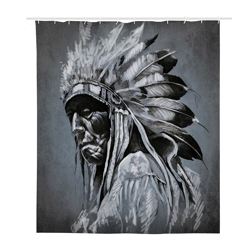 Monochrome Native Indian Portrait Print Polyester Shower Curtain