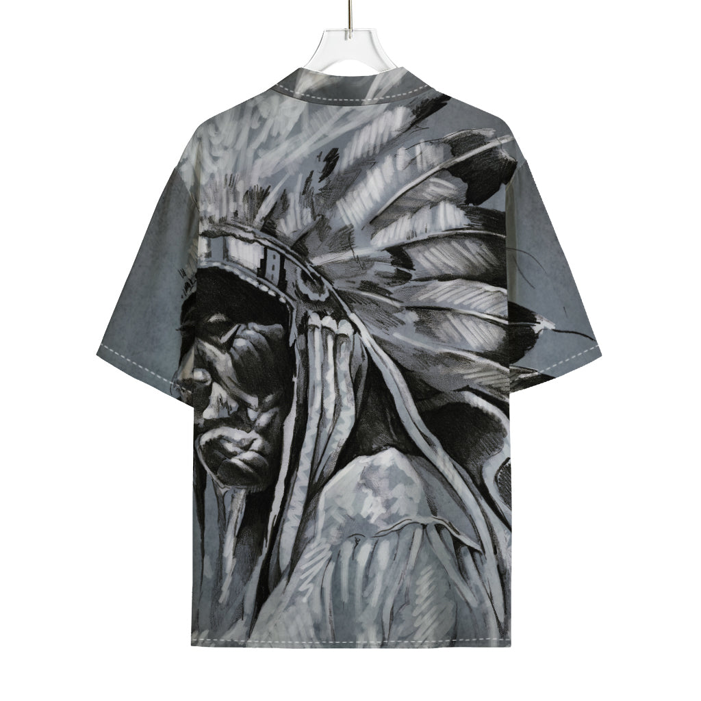 Monochrome Native Indian Portrait Print Rayon Hawaiian Shirt