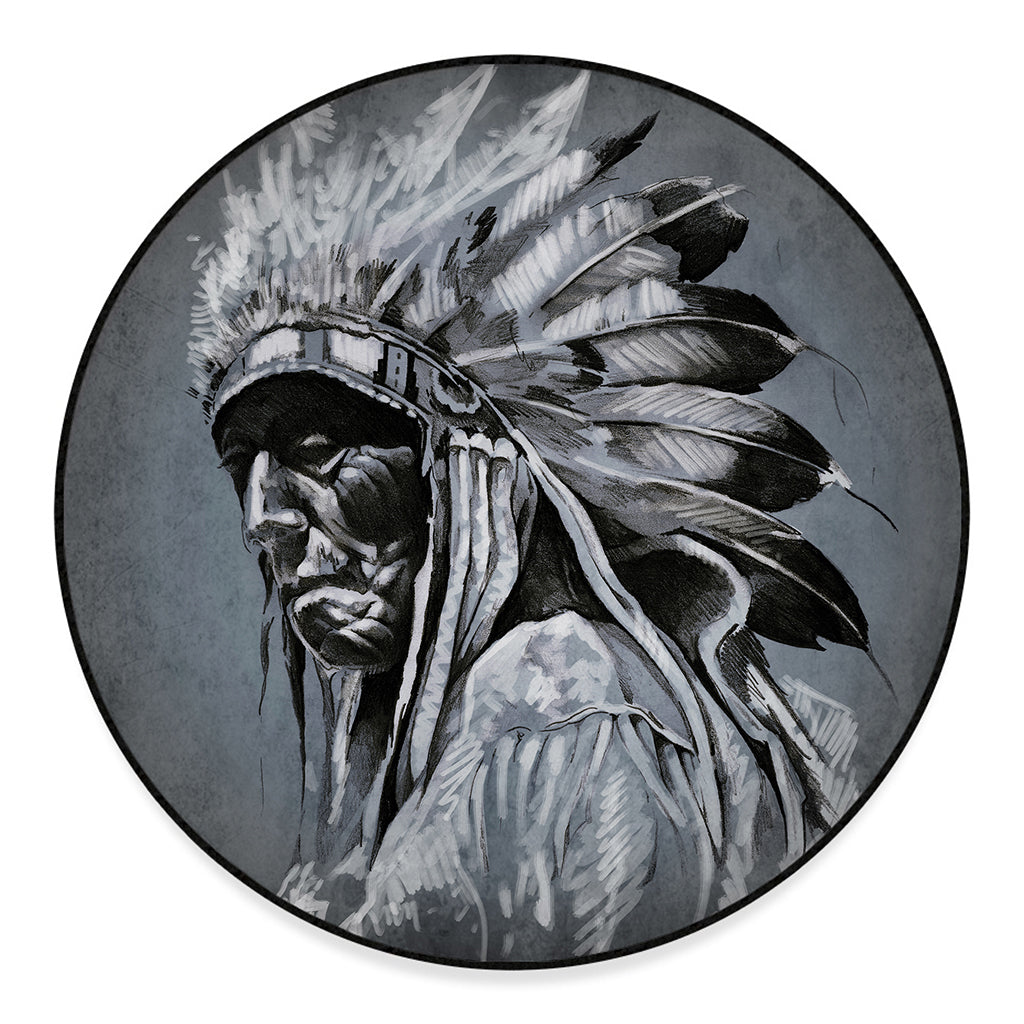 Monochrome Native Indian Portrait Print Round Floor Mat