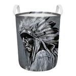 Monochrome Native Indian Portrait Print Round Laundry Basket