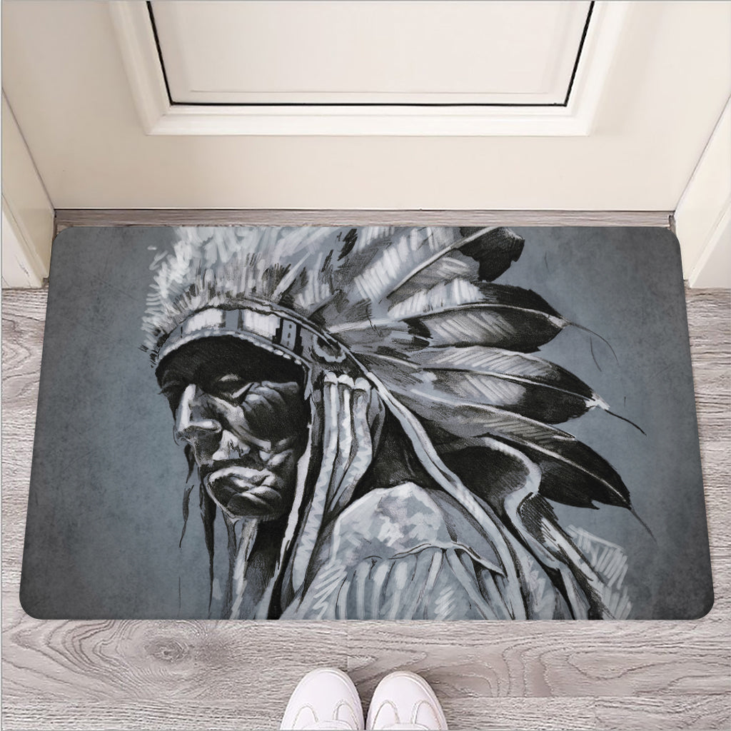 Monochrome Native Indian Portrait Print Rubber Doormat