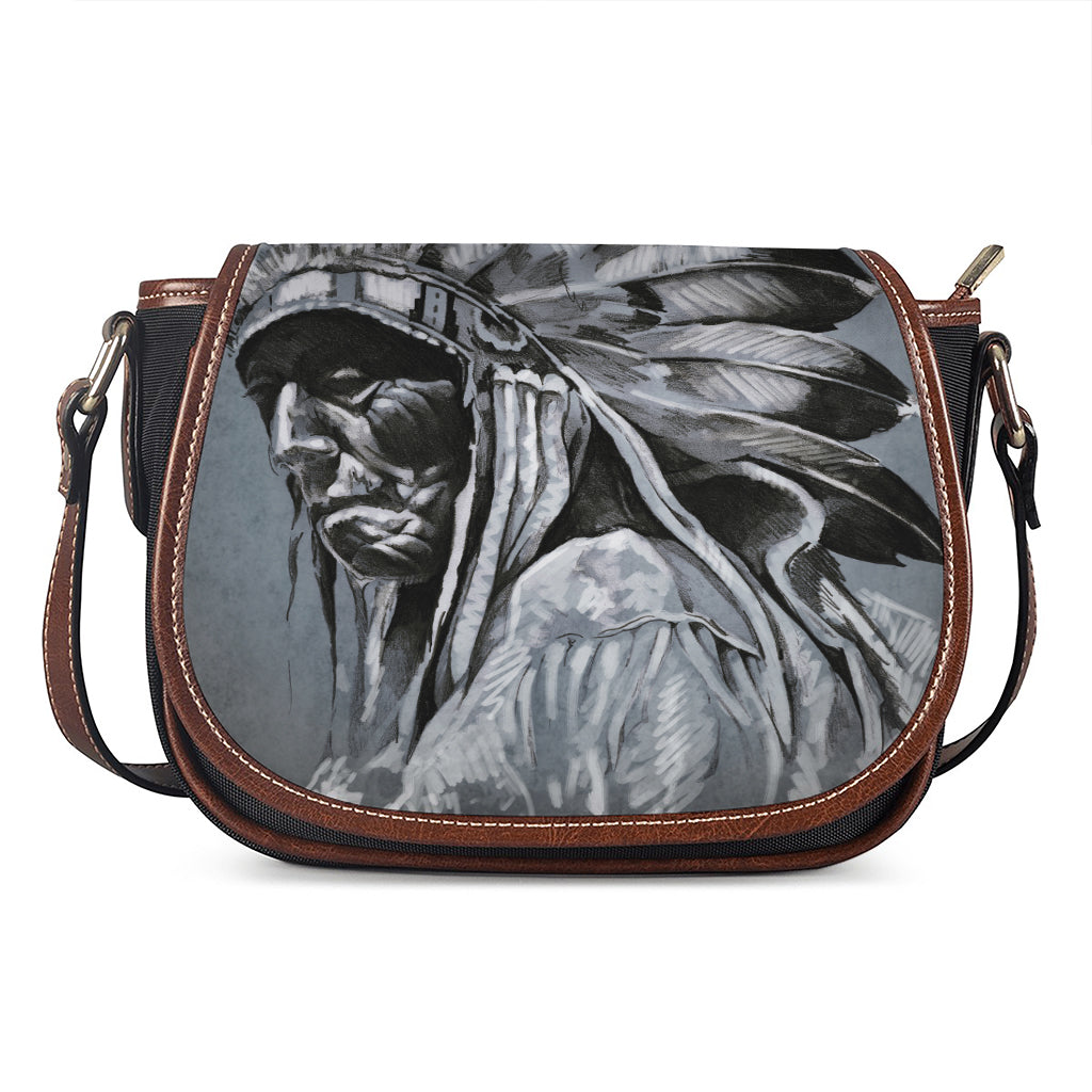 Monochrome Native Indian Portrait Print Saddle Bag