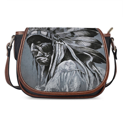 Monochrome Native Indian Portrait Print Saddle Bag