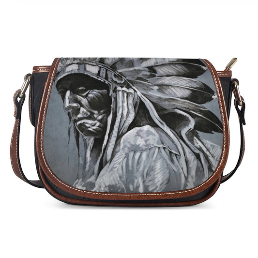 Monochrome Native Indian Portrait Print Saddle Bag