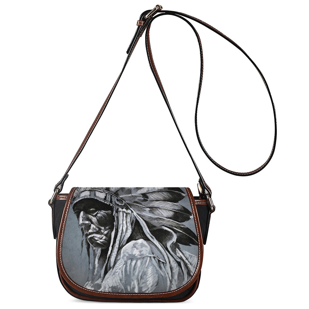 Monochrome Native Indian Portrait Print Saddle Bag