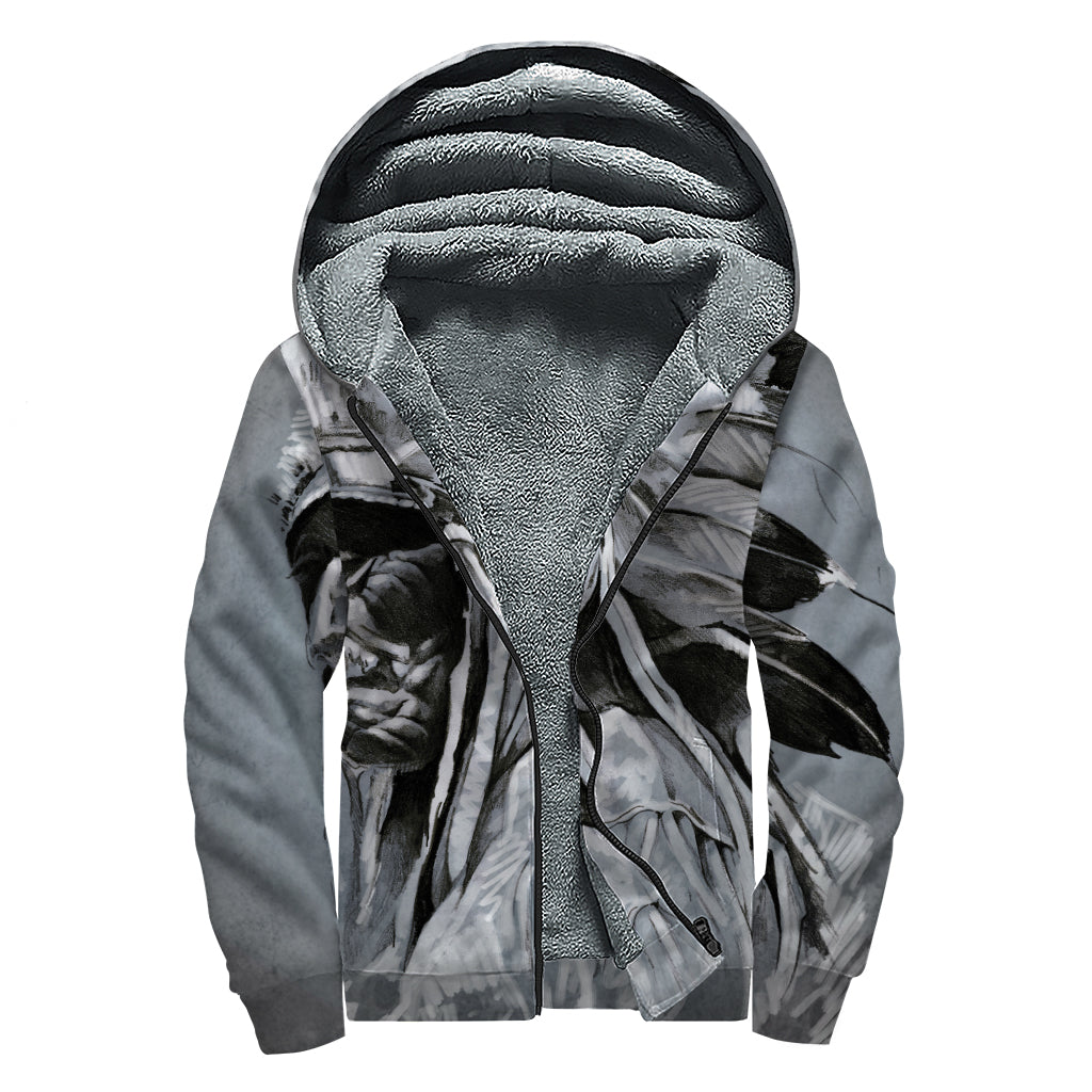 Monochrome Native Indian Portrait Print Sherpa Lined Zip Up Hoodie
