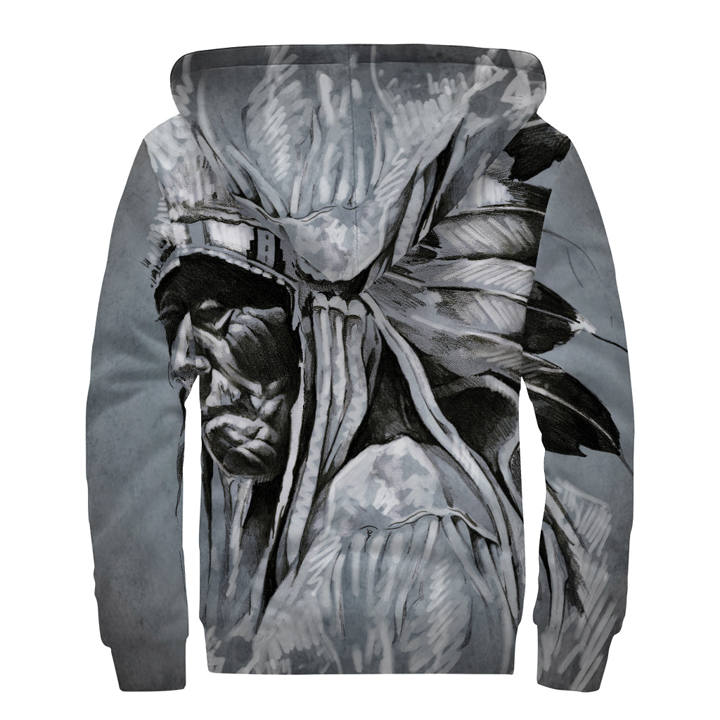 Monochrome Native Indian Portrait Print Sherpa Lined Zip Up Hoodie