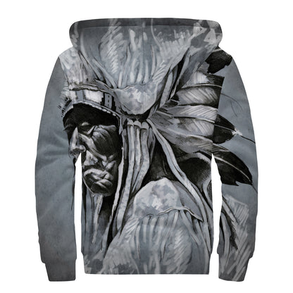 Monochrome Native Indian Portrait Print Sherpa Lined Zip Up Hoodie