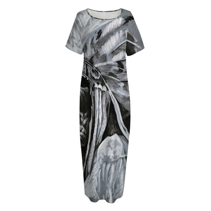 Monochrome Native Indian Portrait Print Short Sleeve Long Nightdress