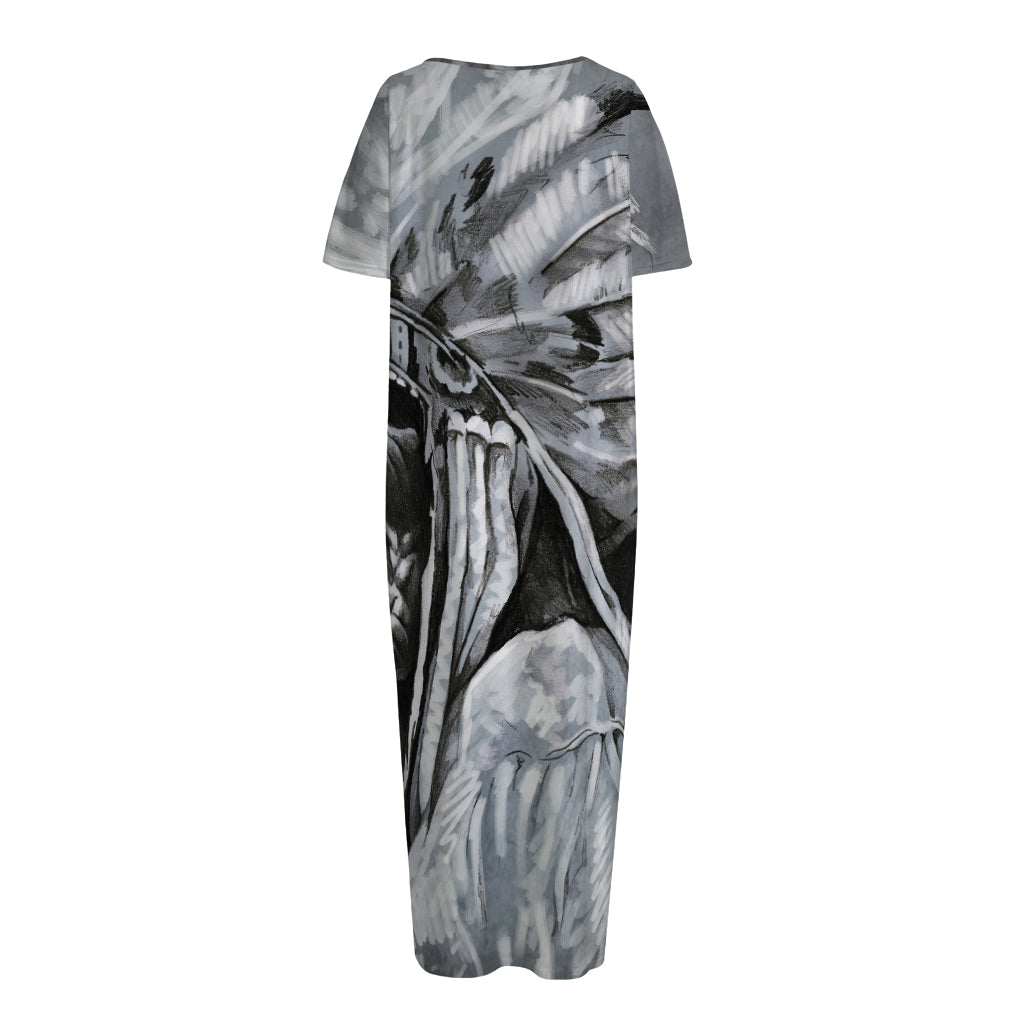 Monochrome Native Indian Portrait Print Short Sleeve Long Nightdress