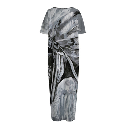 Monochrome Native Indian Portrait Print Short Sleeve Long Nightdress