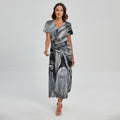 Monochrome Native Indian Portrait Print Short Sleeve Maxi Dress