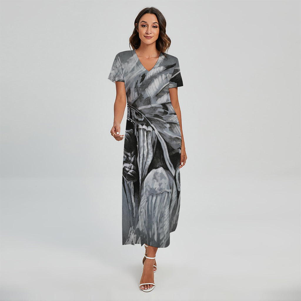 Monochrome Native Indian Portrait Print Short Sleeve Maxi Dress