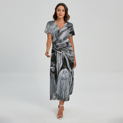 Monochrome Native Indian Portrait Print Short Sleeve Maxi Dress