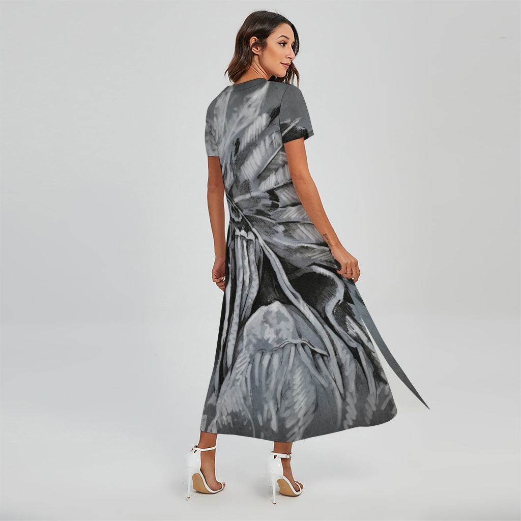 Monochrome Native Indian Portrait Print Short Sleeve Maxi Dress