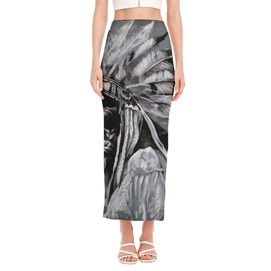 Monochrome Native Indian Portrait Print Side Slit Maxi Skirt