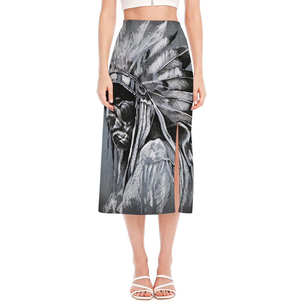 Monochrome Native Indian Portrait Print Side Slit Midi Skirt