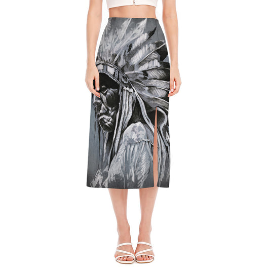 Monochrome Native Indian Portrait Print Side Slit Midi Skirt